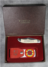 Rare 1984 SCHRADE Turtle Scrimshaw Limited Ed. Lockblade Knife w/ Beaded Sheath