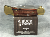 1993 BUCK 112 Ranger Lockback Knife - Wood Handle - Brass Bolsters - Leather Sheath