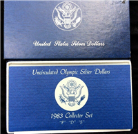 1983 US MINT Collector Set P D S Uncirculated Olympic Silver Dollars in OGP Box 